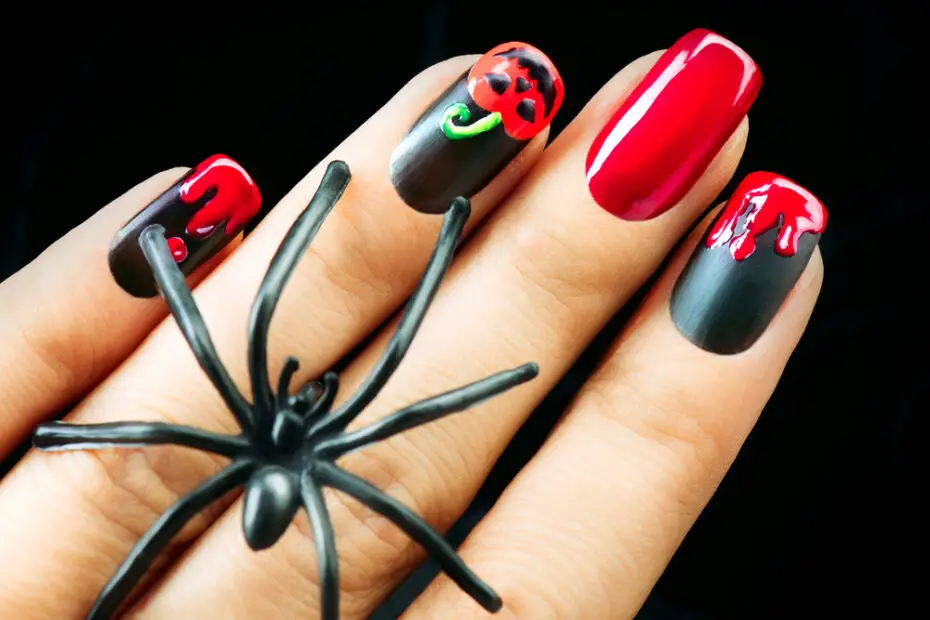 Halloween Nail art design. Black matte polish with blood drips a